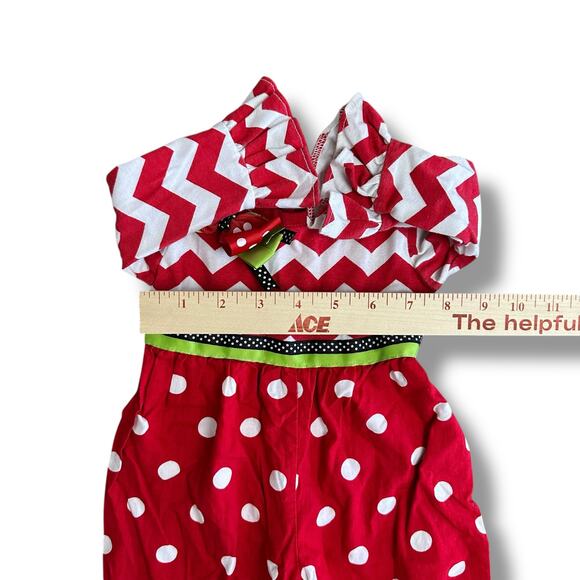 Rare Editions Red Chevron & Polka Dot Ruffle Baby Romper 12–18M Holiday Outfit - Picture 3 of 8
